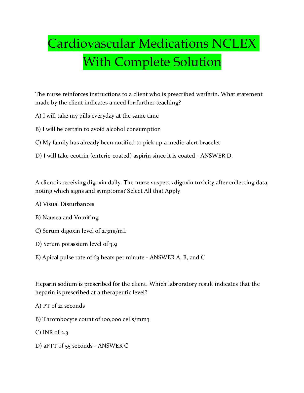 Cardiovascular Medications NCLEX With Complete Solution Browsegrades